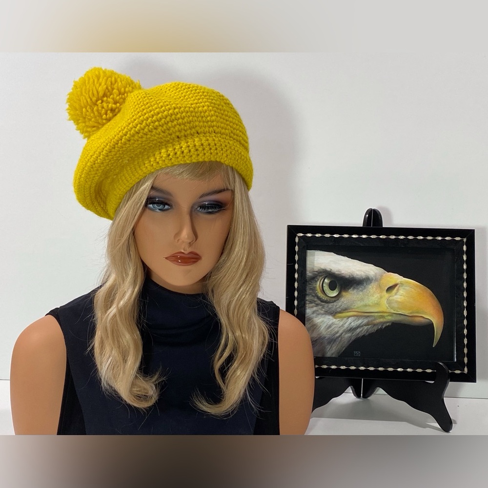 Vintage yellow wool knit cap with pom